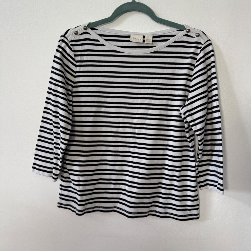 Chicos Striped Boat Neck Top Black White Button Shoulder 3/4 Sleeve Size 1 Med